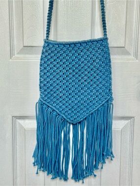 Handwoven Blue Macramé Crossbody Bag with Fringe